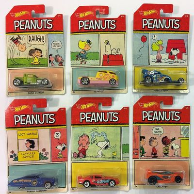2017 Hot Wheels PEANUTS Complete Set Of 6 : CHARLIE BROWN (Bone Shaker), SNOOPY (Altred Ego), LUCY (Purple Passion), FRANKLIN (Chicane), LINUS (Circle Tracker), SALLY (Qombee)