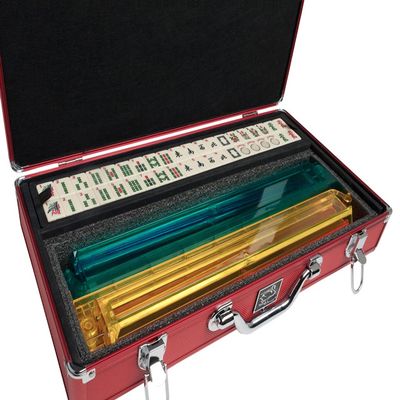 American Mah Jongg Set by White Swan  166 Ivory Colored Engraved Tiles  4 x All-in-One Rack/Pushers  Aluminum Case - Red