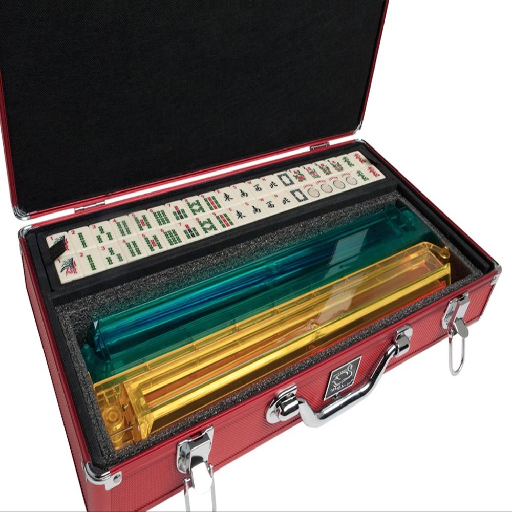 American Mah Jongg Set by White Swan  166 Ivory Colored Engraved Tiles  4 x All-in-One Rack/Pushers  Aluminum Case - Red