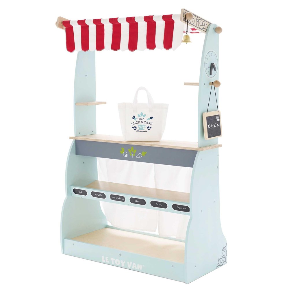 Le Toy Van - Honeybake Reversible Educational Pretend Wooden Grocery Store and Cafe Stand | Educational Role Play Kids Toy Set | Cafe or Supermarket Pretend Play Shop, Multi (TV317)