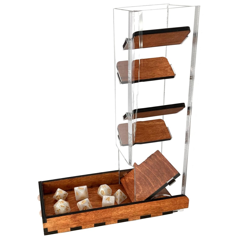 C4Labs Dice Tower & Tray | Clear with Wooden Paddles | Watch The Dice Decide (Gunstock)