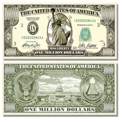 10 pcs Miss Liberty Million Dollar Bills with Bonus Thanks a Million Gift Card Set