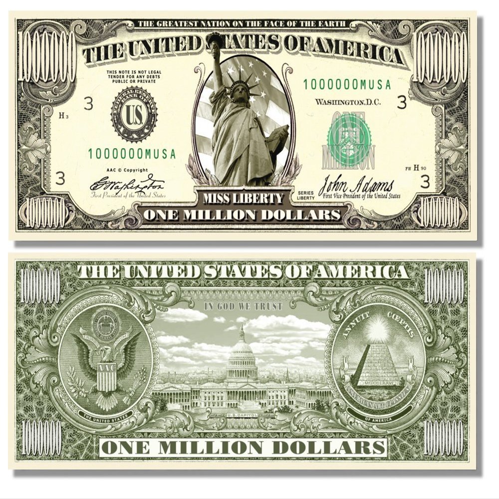10 pcs Miss Liberty Million Dollar Bills with Bonus Thanks a Million Gift Card Set