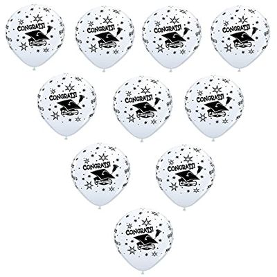 10 Count WHITE Black Graduation GRAD Cap Hat Congratulations 12" Party Latex Balloons