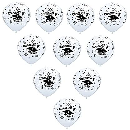 10 Count WHITE Black Graduation GRAD Cap Hat Congratulations 12" Party Latex Balloons