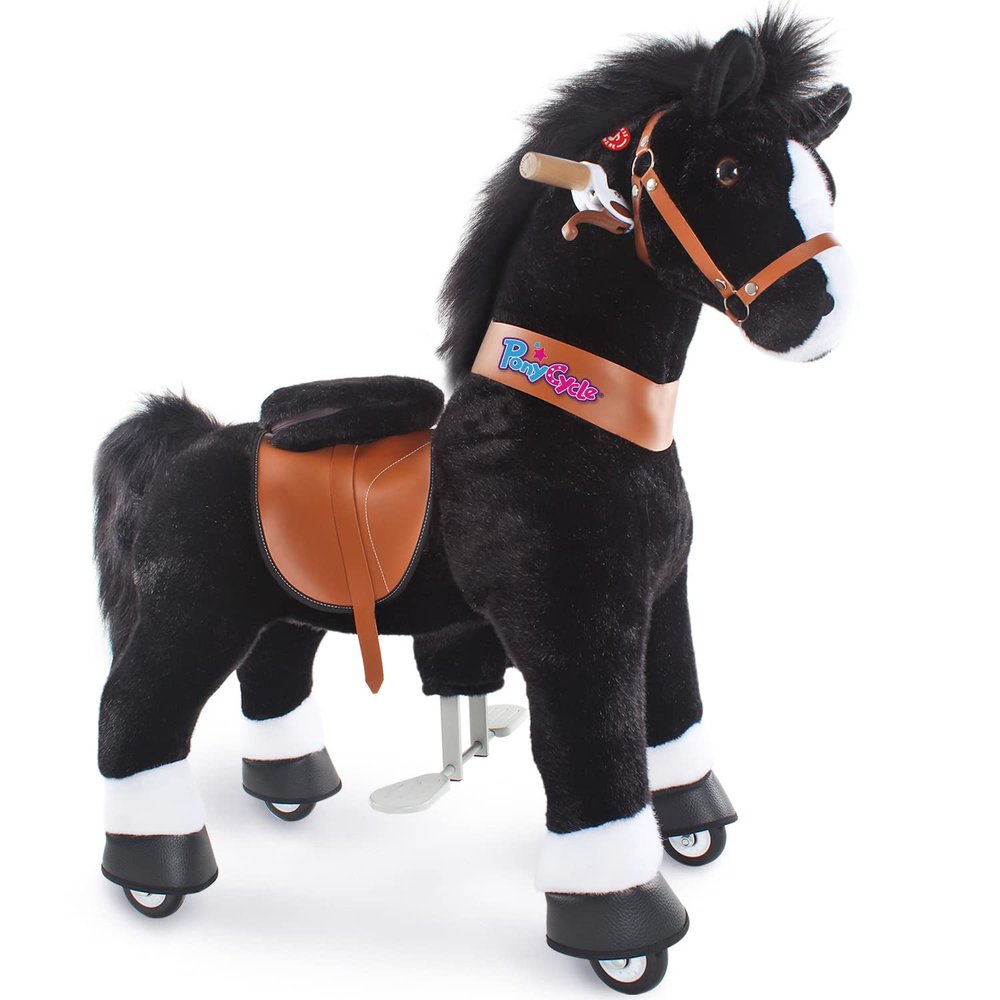 PonyCycle Official Ride On Black Horse with White Hoof Mechanical Pony Giddy up Pony Plush Toy Walking Animal Size 4 for Age 4-8 Years - Ux426