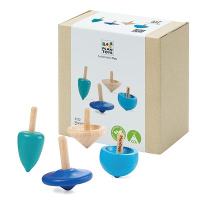 PlanToys Mini Wooden Spinning Tops Set | 4 Colorful Eco-Friendly Montessori Toys for Toddlers | Travel Toys for Kids | Sensory Fidget Toys for Focus & Coordination
