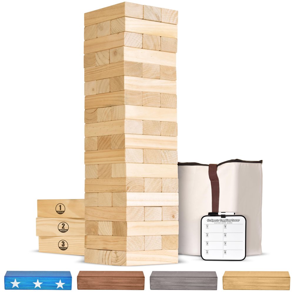 GoSports Giant Wooden Toppling Tower - Stacks Up to 5 ft - Natural Wood